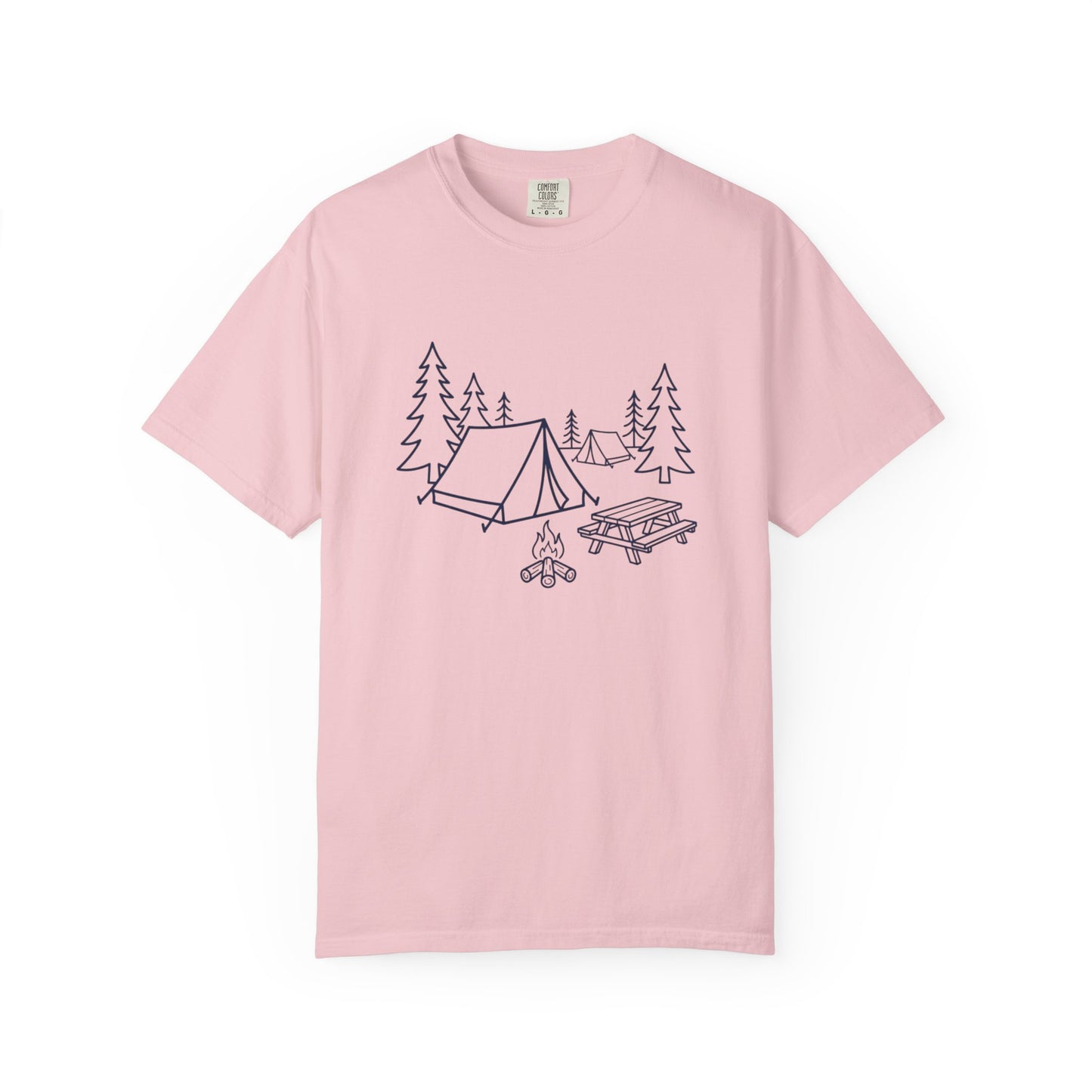 Camping Line Art T-Shirt — Tent, Campfire & Picnic Graphic Tee