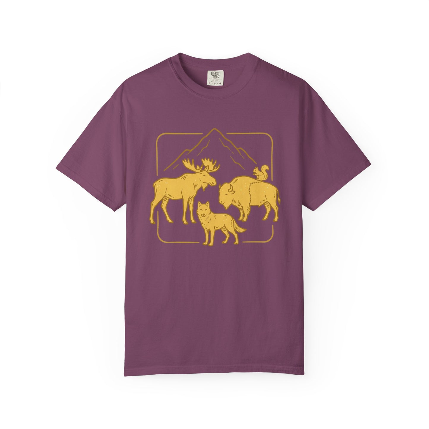 Wildlife Trio T-Shirt — Moose, Wolf & Bison Mountain Graphic