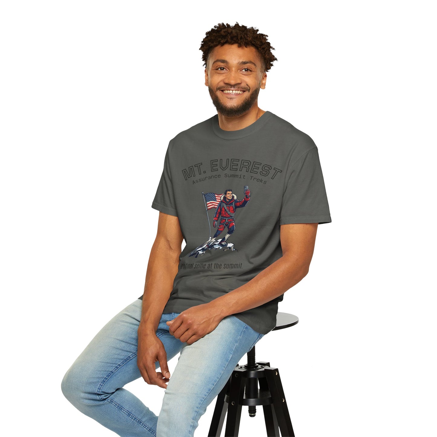 Mt. Everest Climber Graphic T‑Shirt — "Bob's Final Selfie at the Summit"
