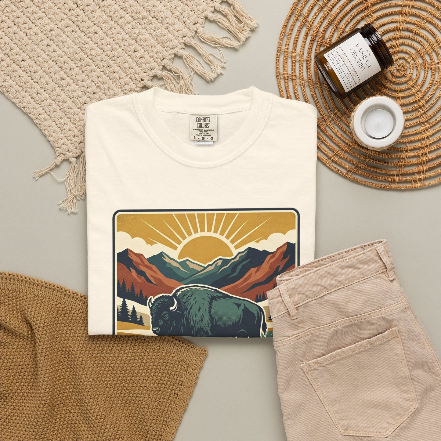 National Parks Buffalo T-Shirt — Retro Mountain Sunset Tee