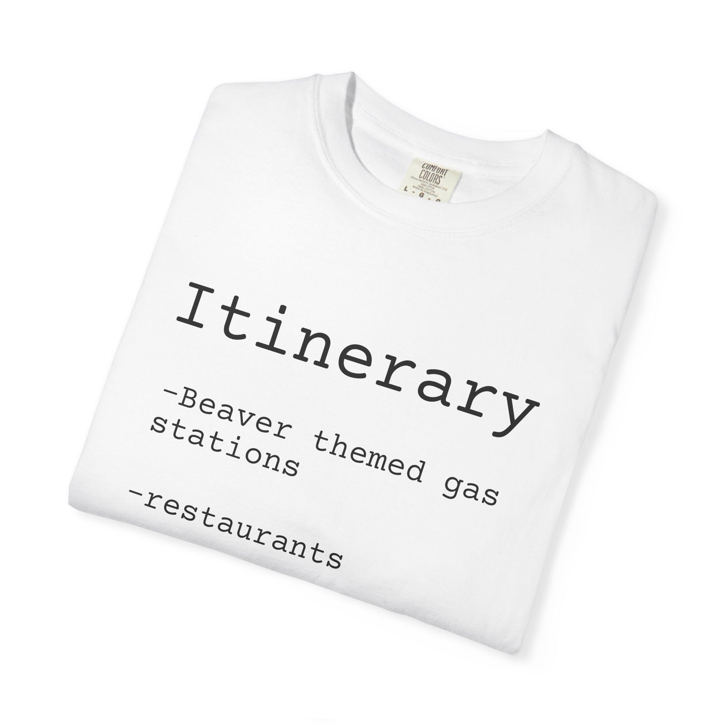 Itinerary Tee — Travel Humor T-Shirt with 'Beaver themed gas stations' List