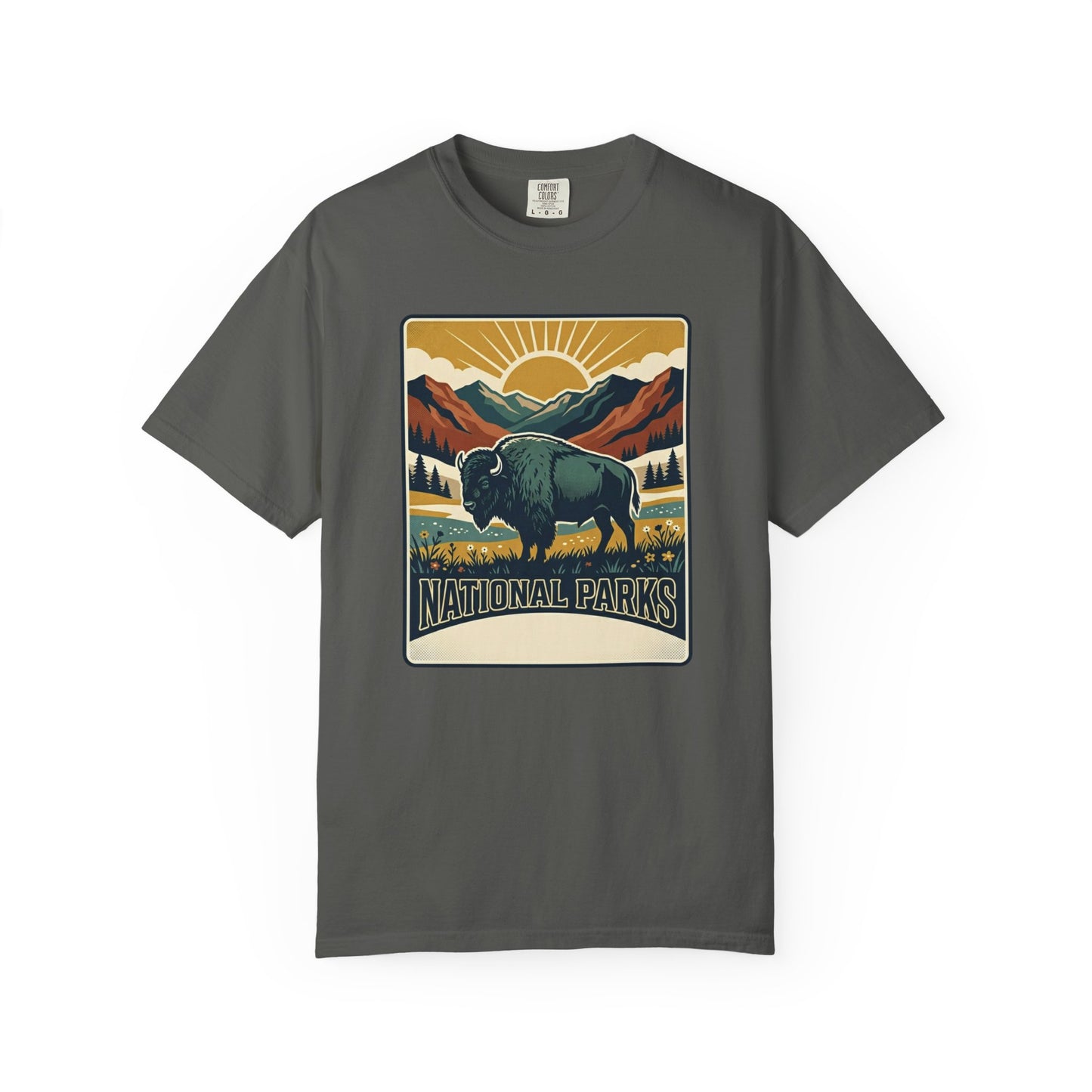 National Parks Buffalo T-Shirt — Retro Mountain Sunset Tee