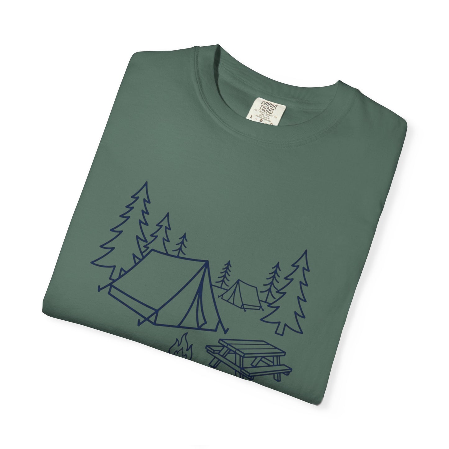 Camping Line Art T-Shirt — Tent, Campfire & Picnic Graphic Tee