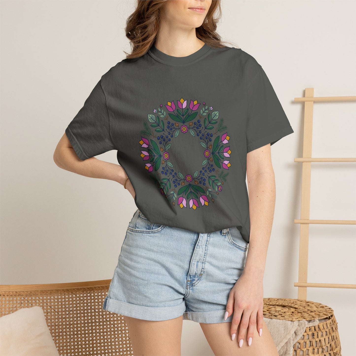 Floral Wreath T-Shirt — Botanical Circle Graphic Tee