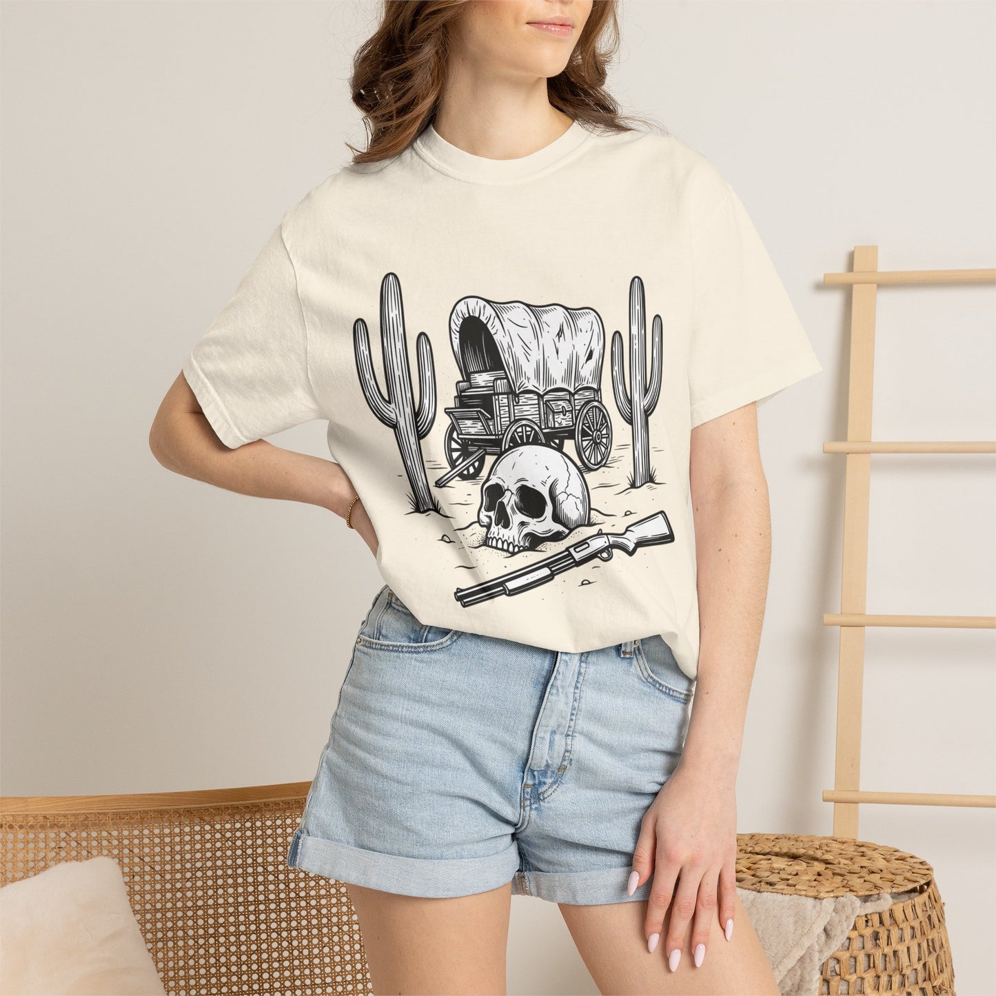 Western Skull & Wagon T-Shirt — Desert Cactus Graphic Tee