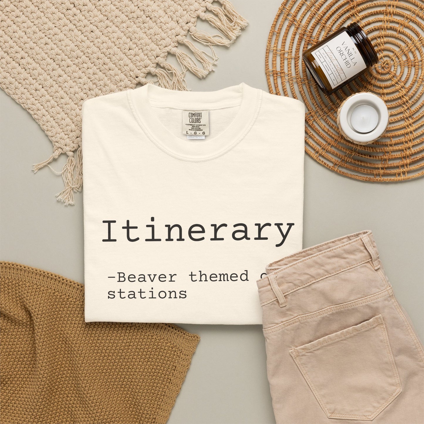 Itinerary Tee — Travel Humor T-Shirt with 'Beaver themed gas stations' List