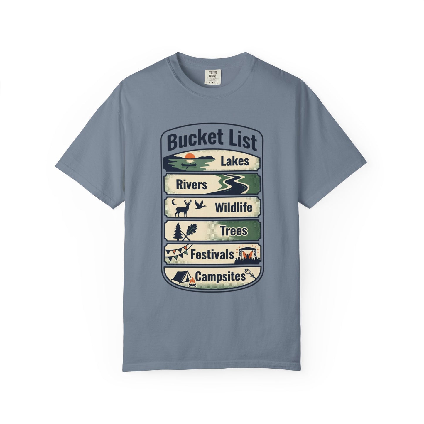 Bucket List Outdoors T‑Shirt — Lakes, Rivers, Wildlife, Trees, Festivals & Campsites