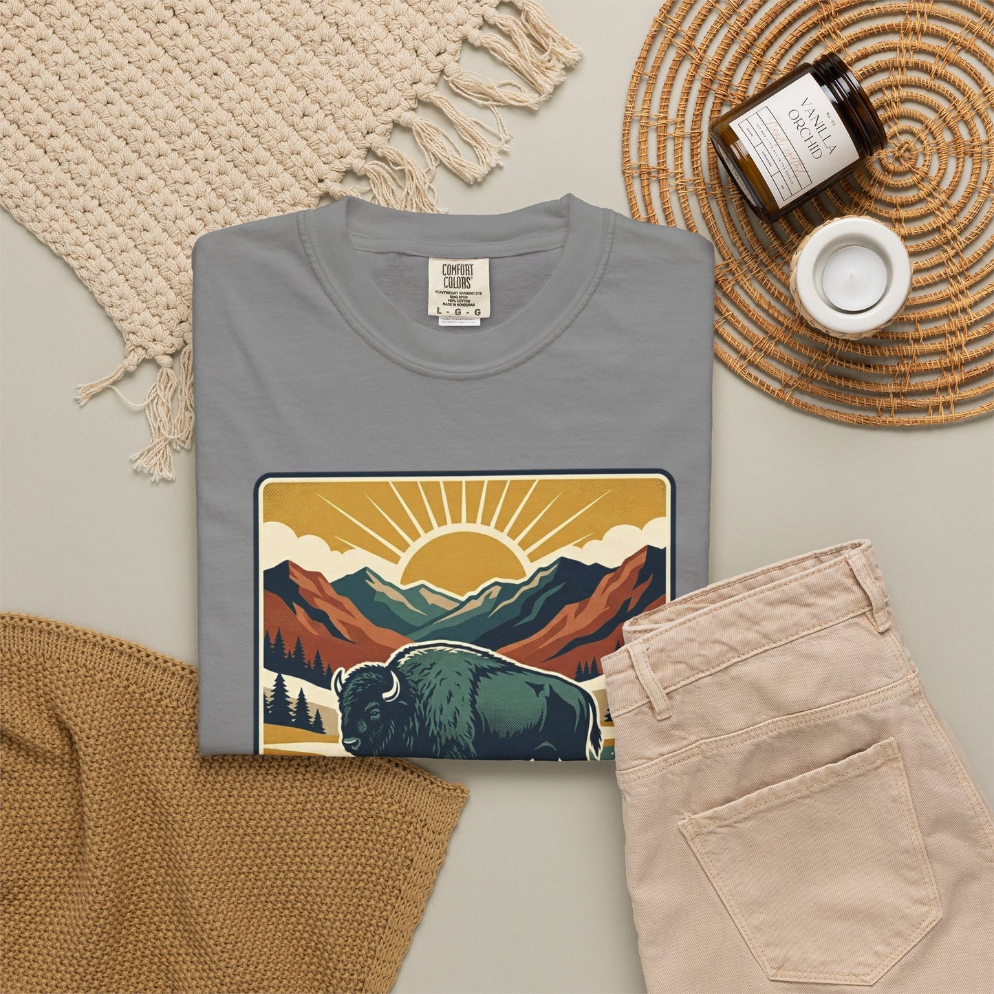 National Parks Buffalo T-Shirt — Retro Mountain Sunset Tee