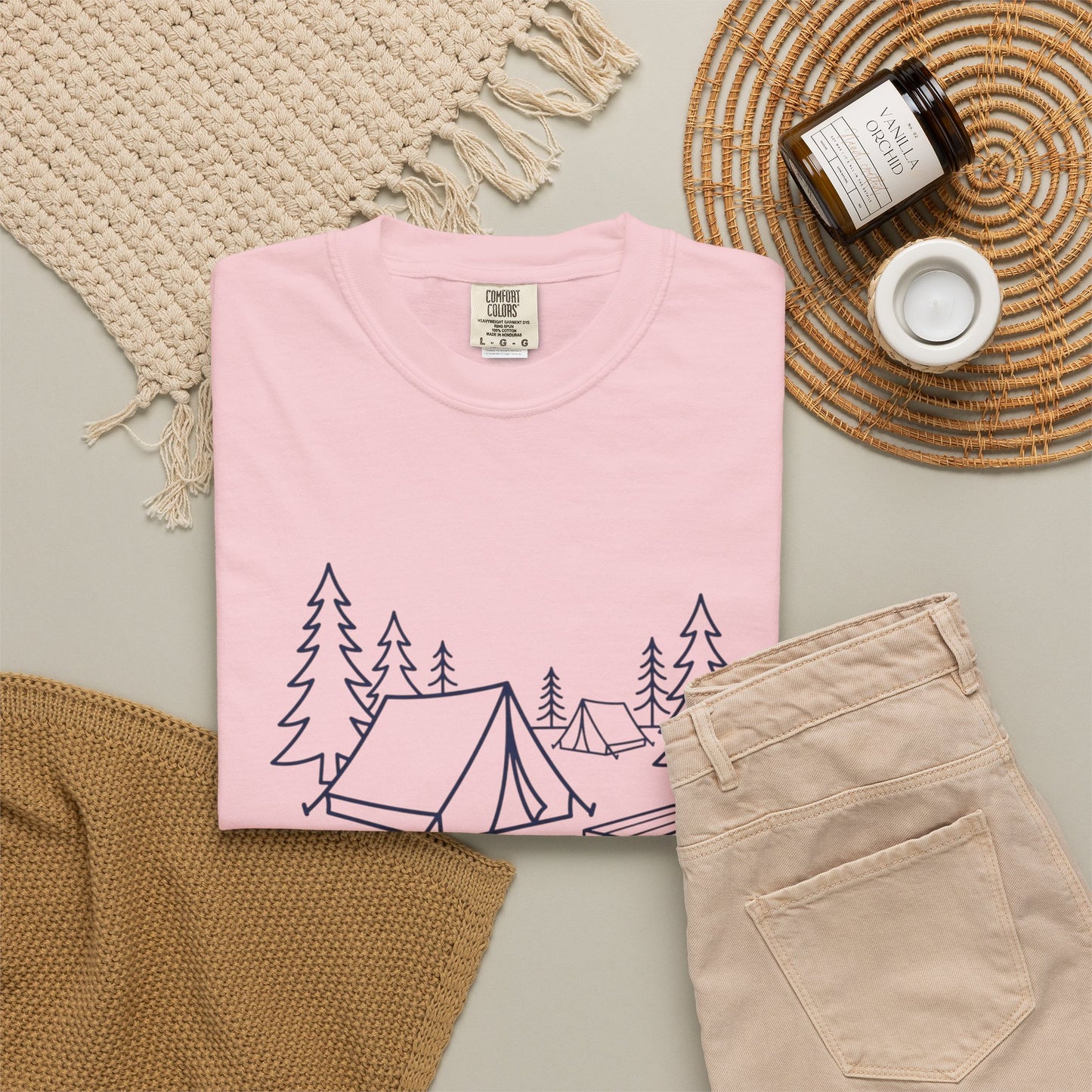 Camping Line Art T-Shirt — Tent, Campfire & Picnic Graphic Tee