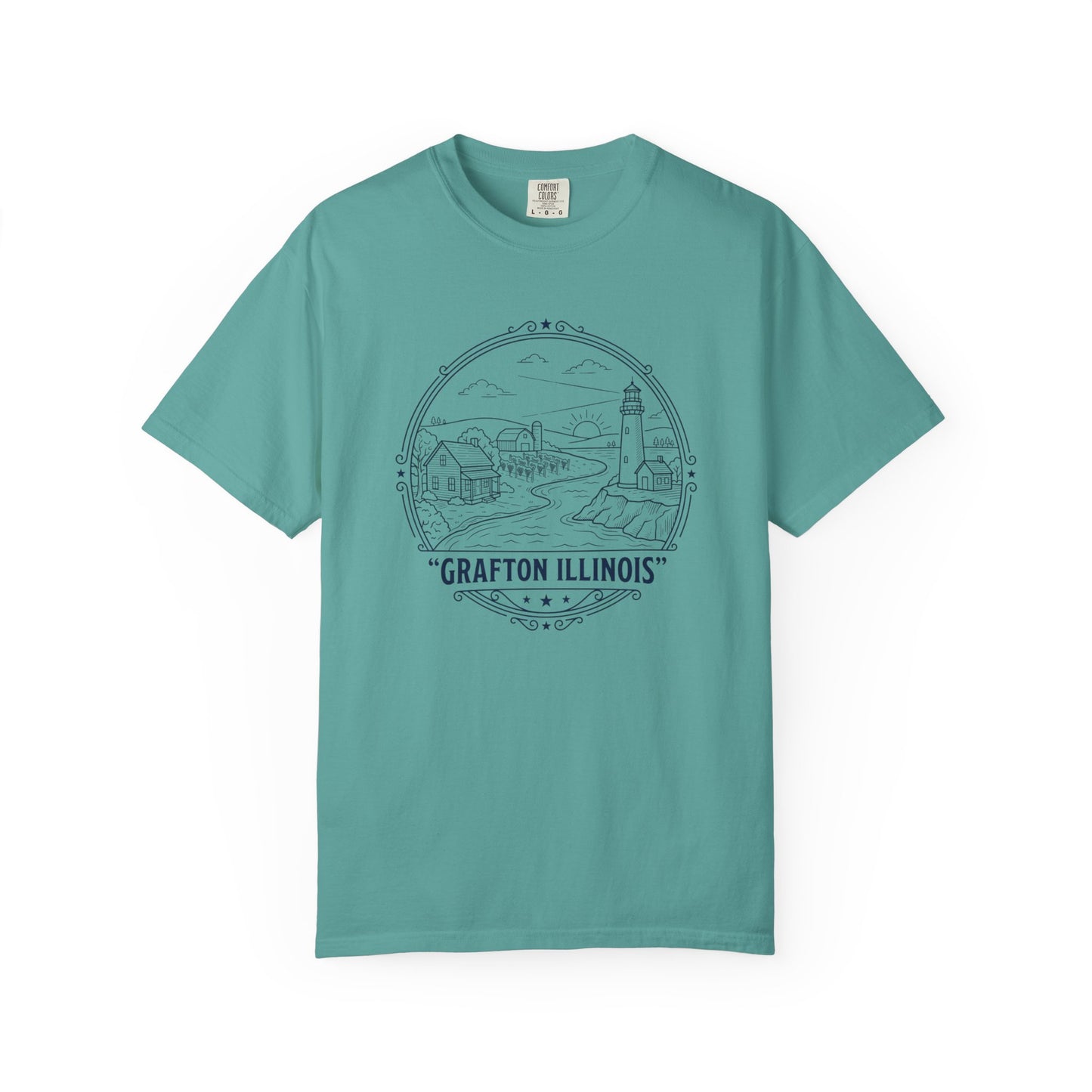 Grafton Illinois Scenic T-Shirt — Vintage Lighthouse River Illustration