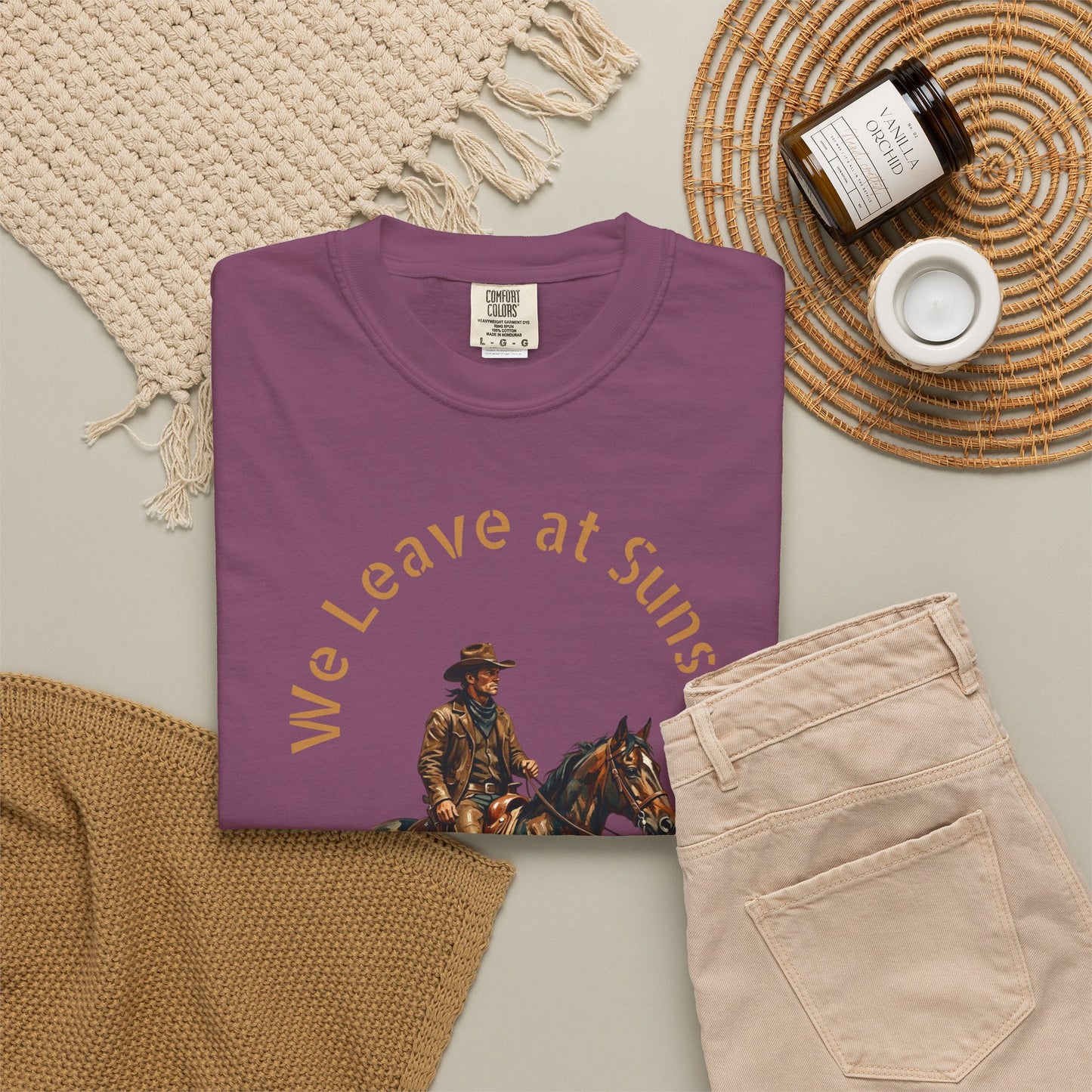Cowboy at Sunset T-Shirt — "We Leave at Sunset" Western Horse Tee