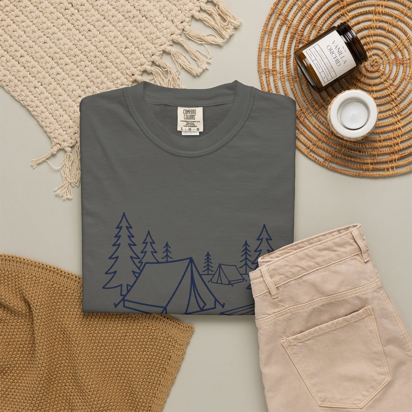 Camping Line Art T-Shirt — Tent, Campfire & Picnic Graphic Tee