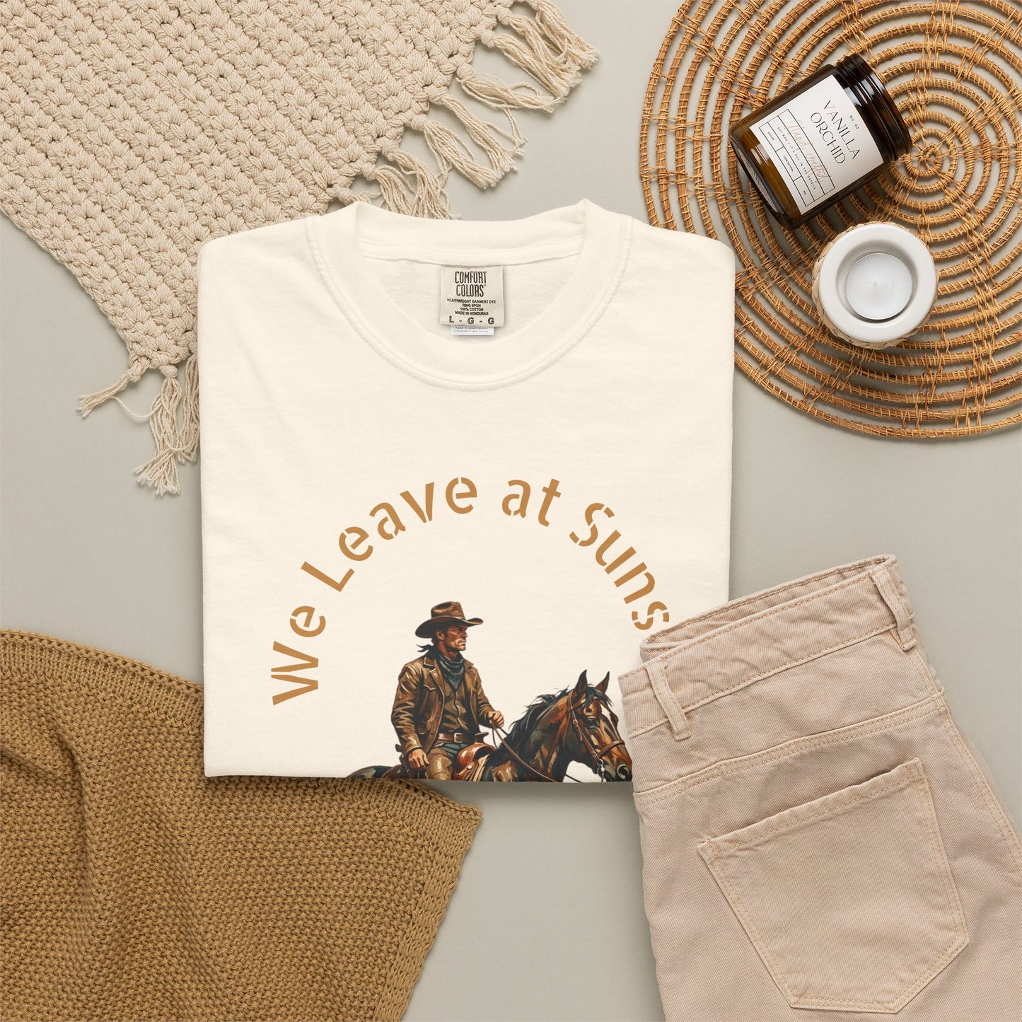 Cowboy at Sunset T-Shirt — "We Leave at Sunset" Western Horse Tee