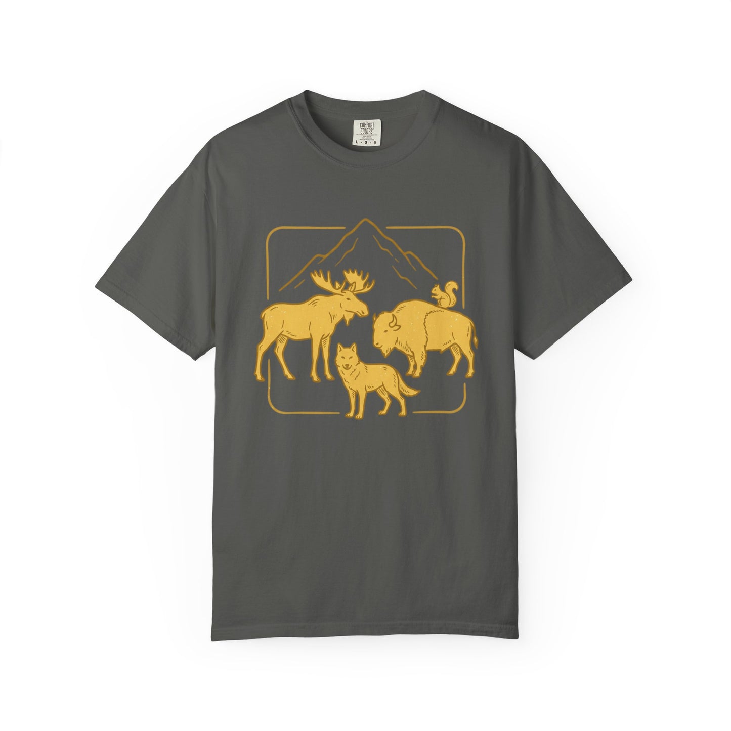 Wildlife Trio T-Shirt — Moose, Wolf & Bison Mountain Graphic