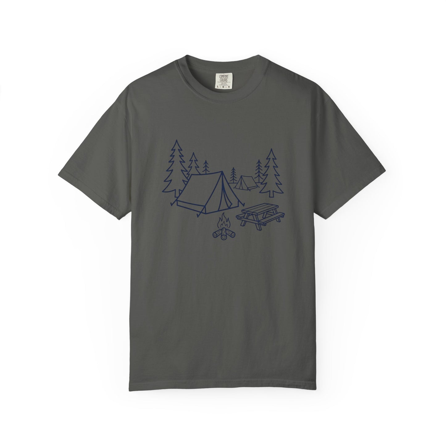 Camping Line Art T-Shirt — Tent, Campfire & Picnic Graphic Tee