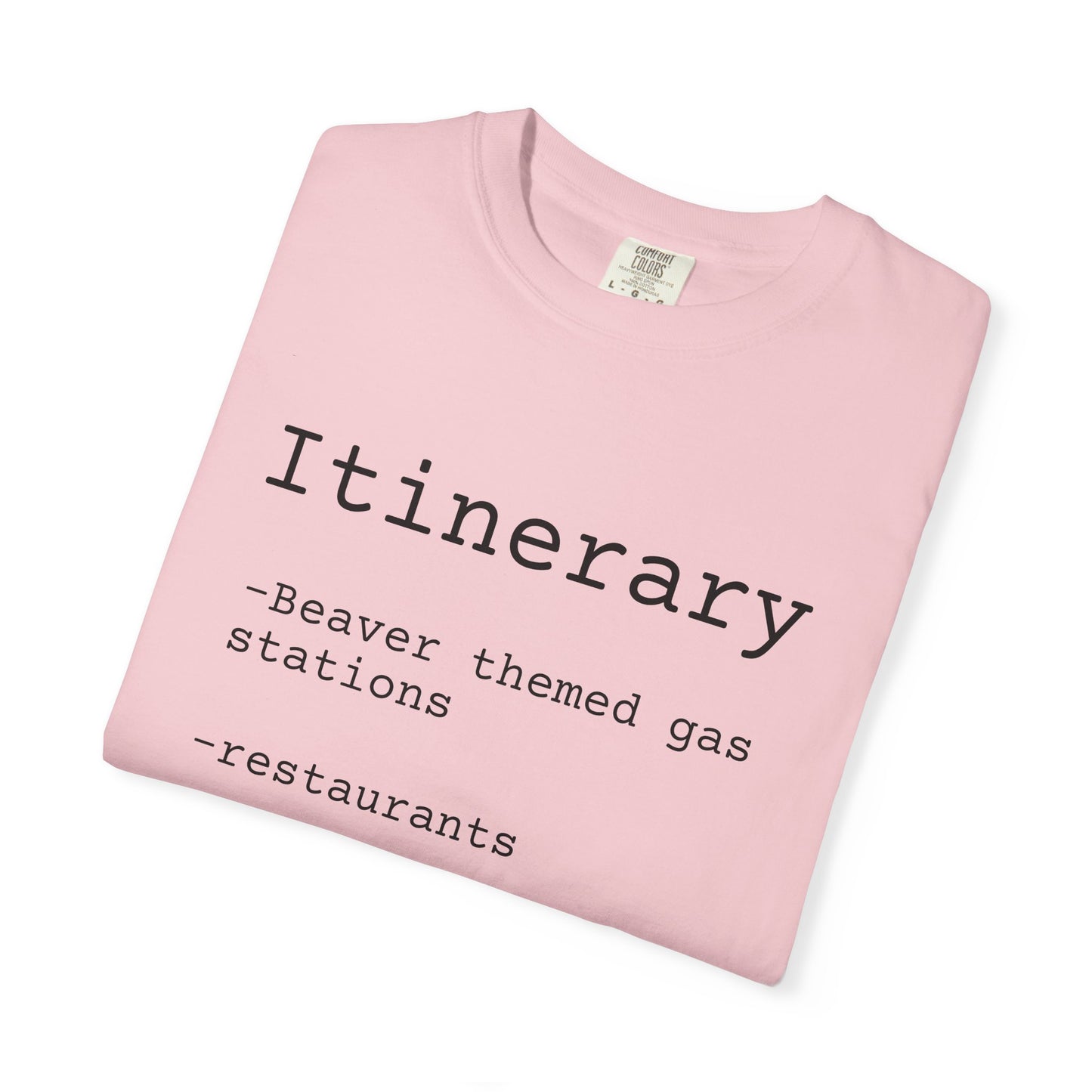 Itinerary Tee — Travel Humor T-Shirt with 'Beaver themed gas stations' List