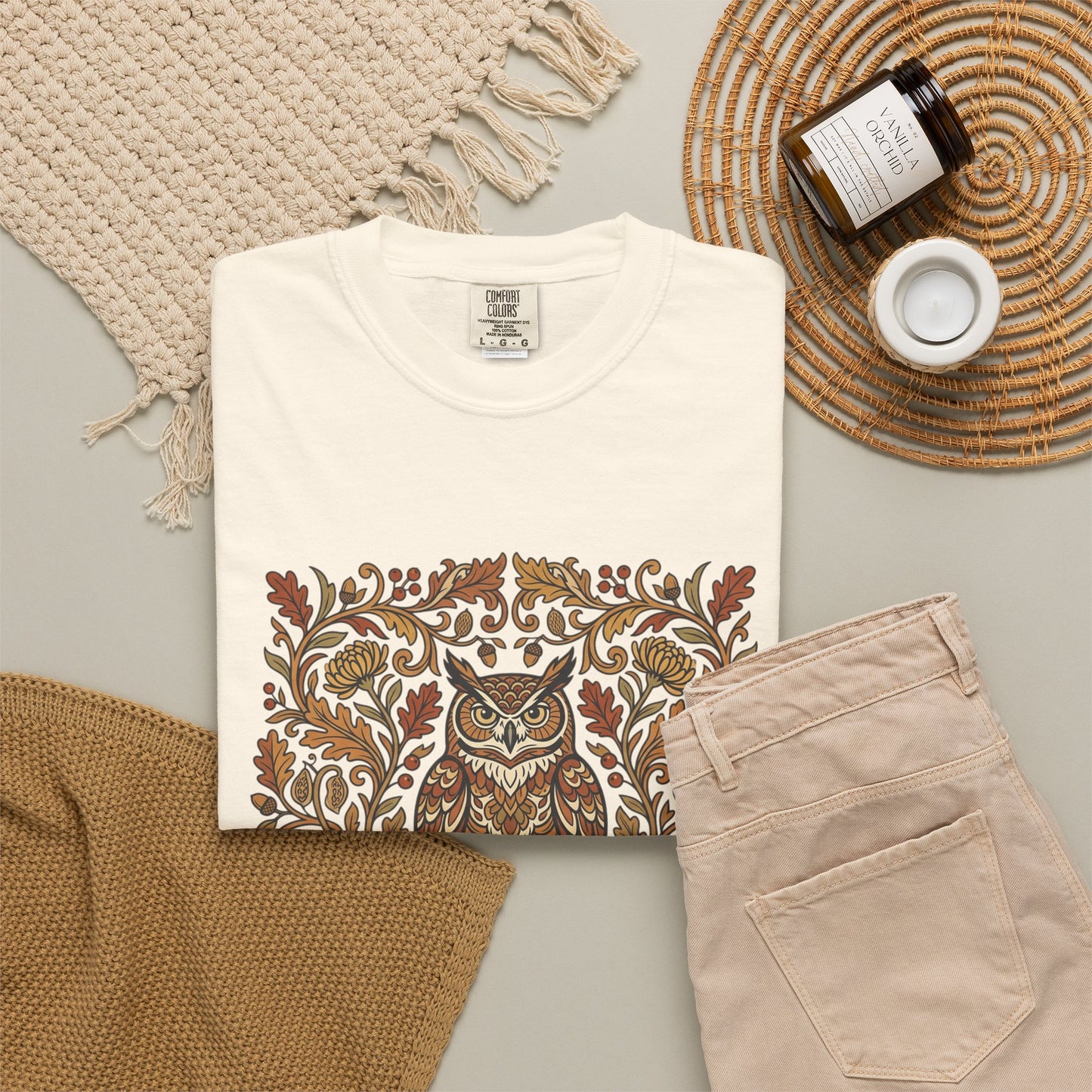 Vintage Floral Owl T-Shirt — Autumn Folk Art Graphic Tee