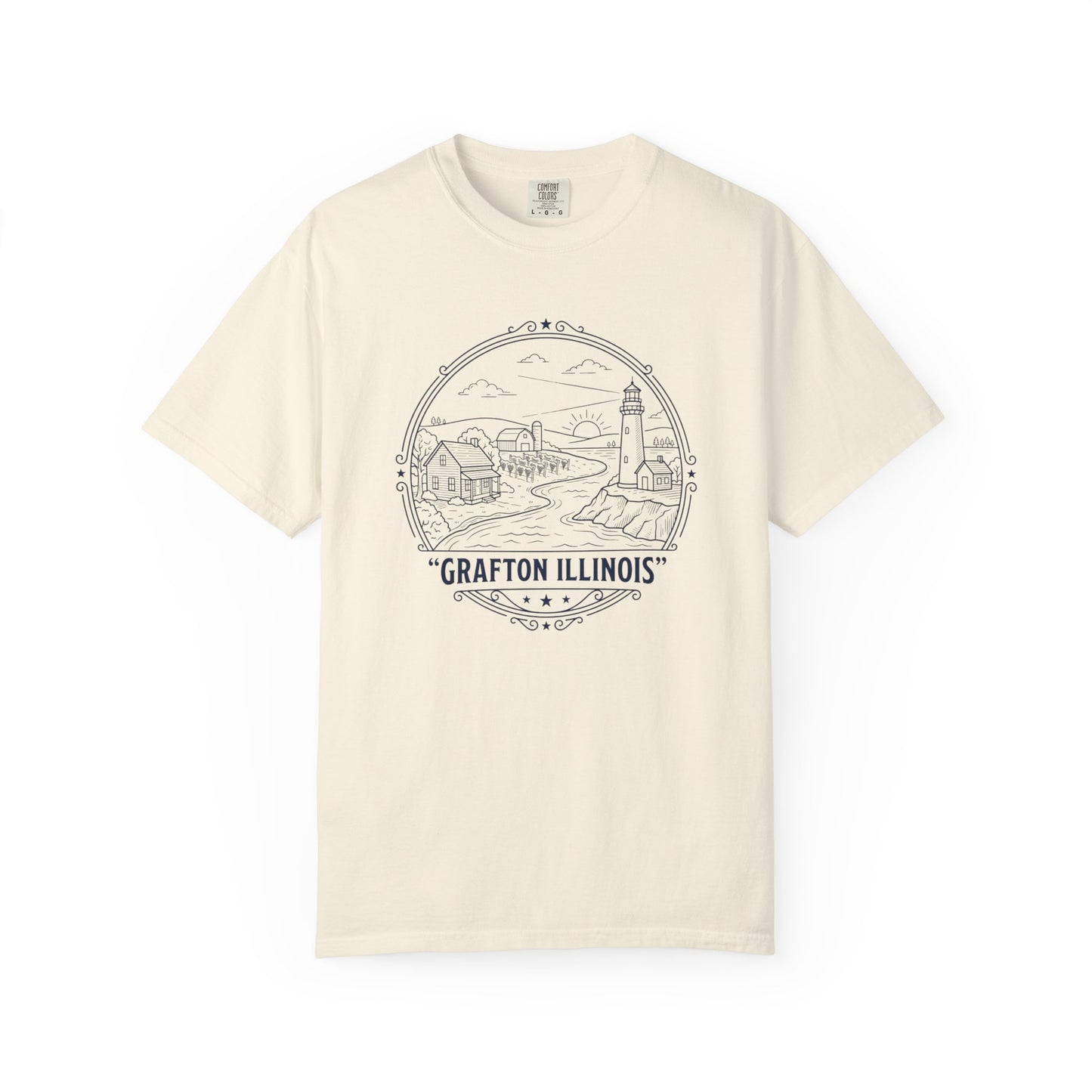 Grafton Illinois Scenic T-Shirt — Vintage Lighthouse River Illustration