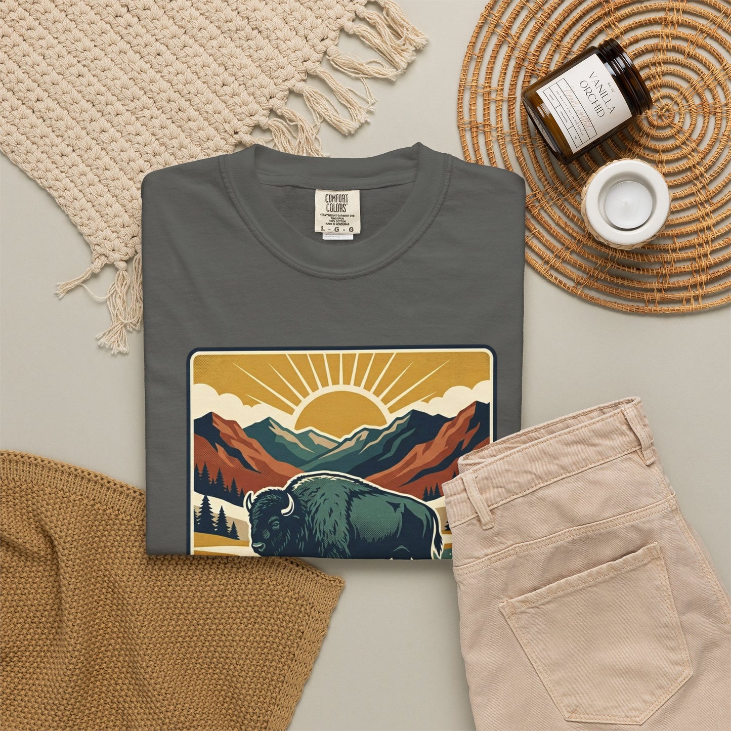 National Parks Buffalo T-Shirt — Retro Mountain Sunset Tee